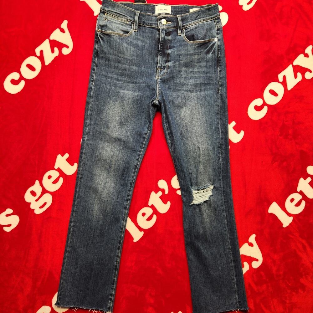 FRAME Le Crop Mini Boot Jeans Womens 27 Blue Distressed Raw Hem Stretch Denim